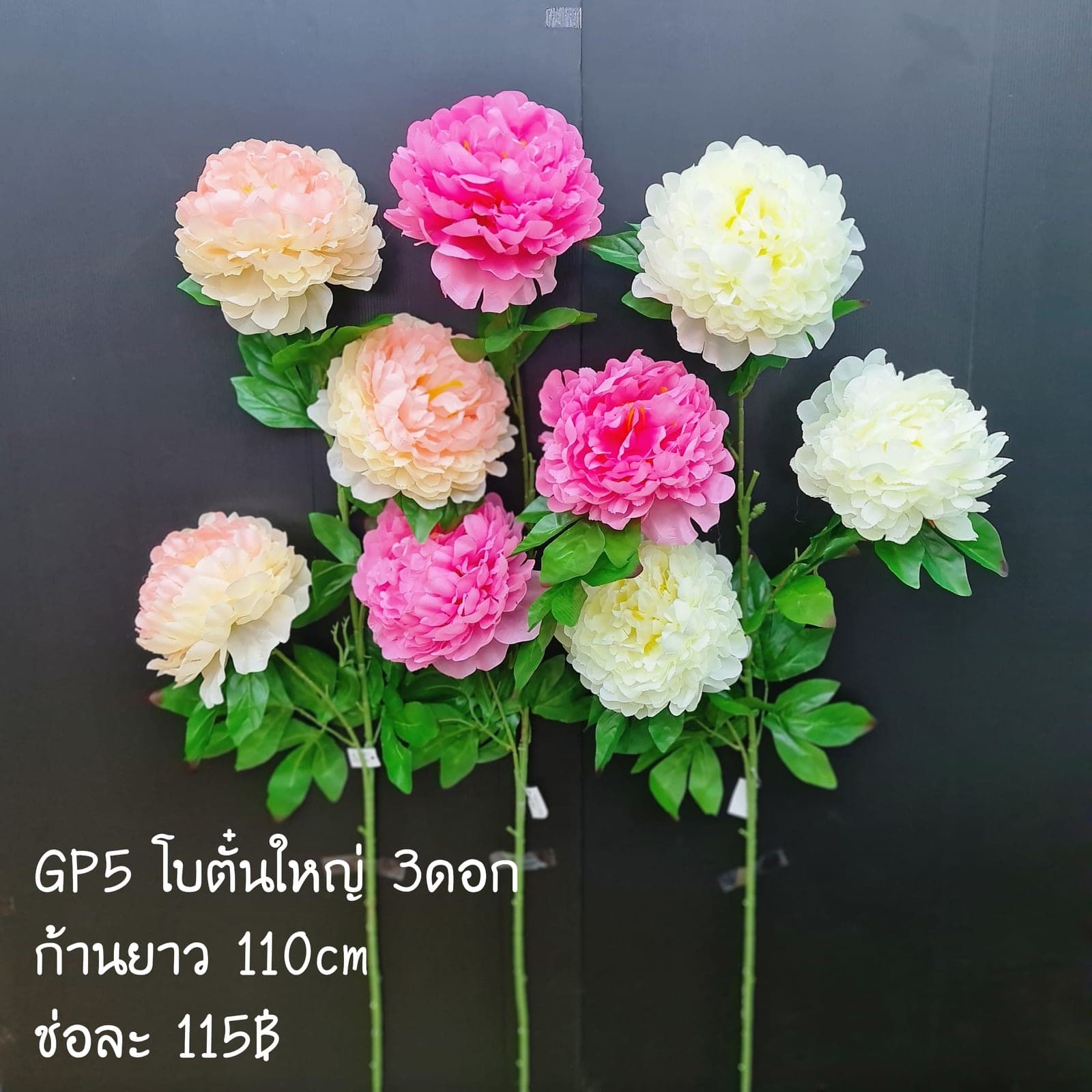 โบตั๋นใหญ่3ดอก (GP5), โบตั๋น 3 ดอก — กลีบซ้อนหลายชั้นเหมือนระบาย ทรงโรแมนติกเต็มดอก